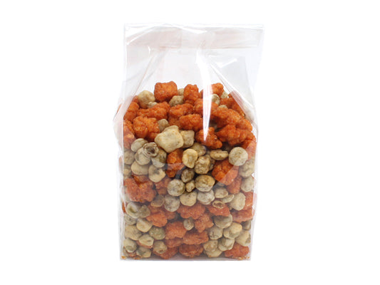 Blokbundspose forseglet bund i cellofan, 10 x 6 x 28 cm. med indhold.