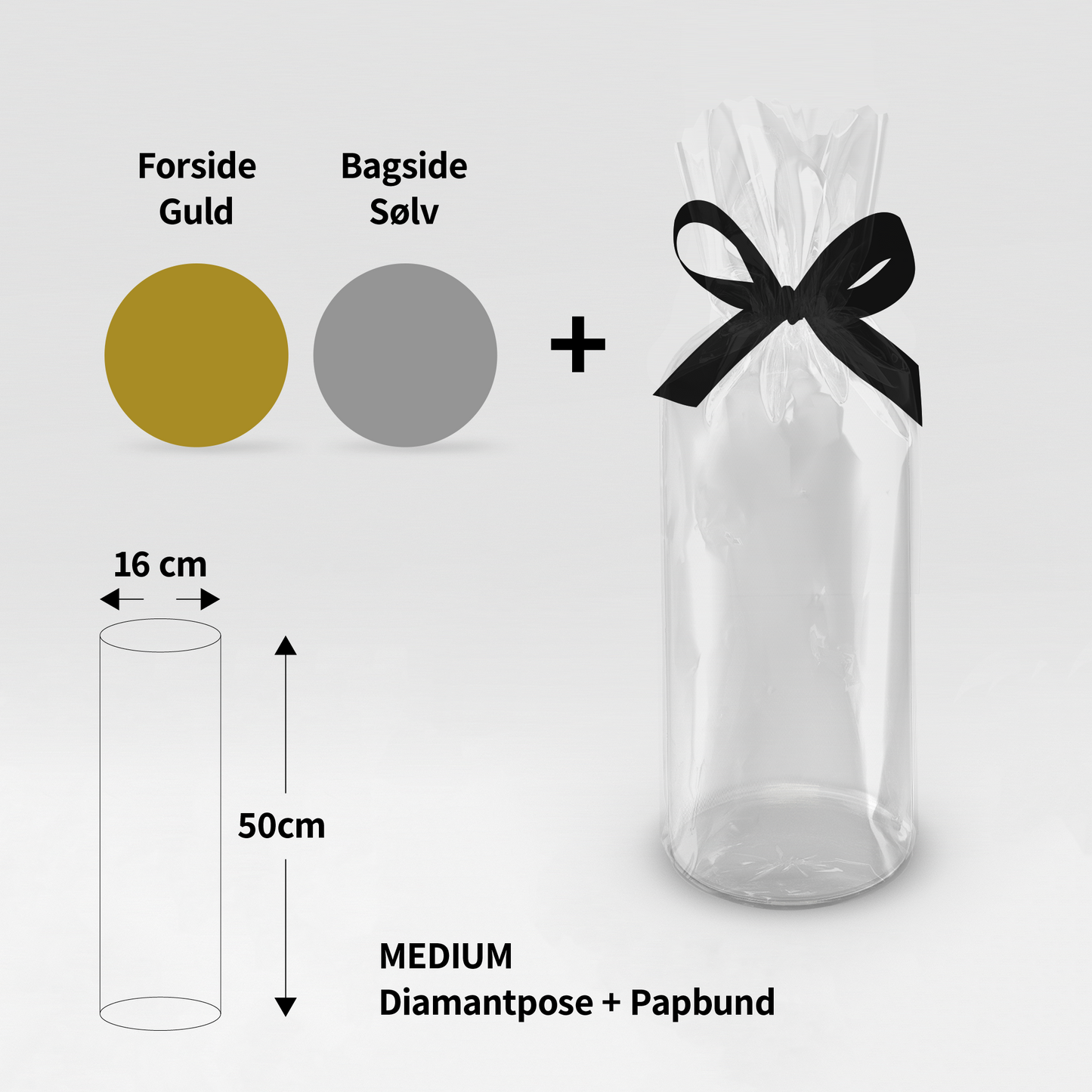 Diamantpose Cellofan MEDIUM med papbund - Ø16 x H50 cm - Pakke med 50 sæt
